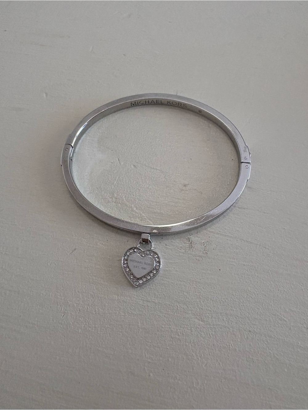 Michael Kors Logo silver hinge bangle bracelet heart charm